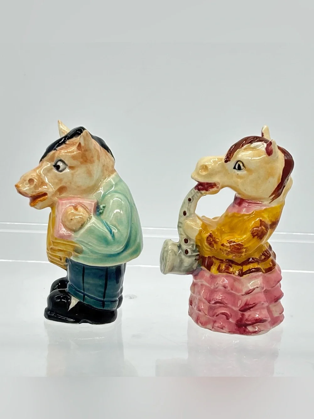 Vintage Japan Anthropomorphic MCM Whimsical Horse Figural Salt Pepper Shaker Set